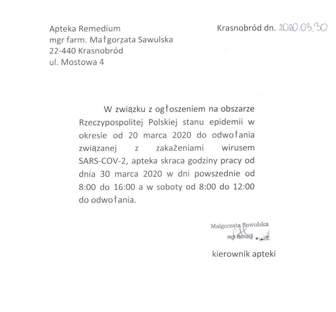 Informacja O Zmianie Godzin Funkcjonowania Apteki Remedium W ...